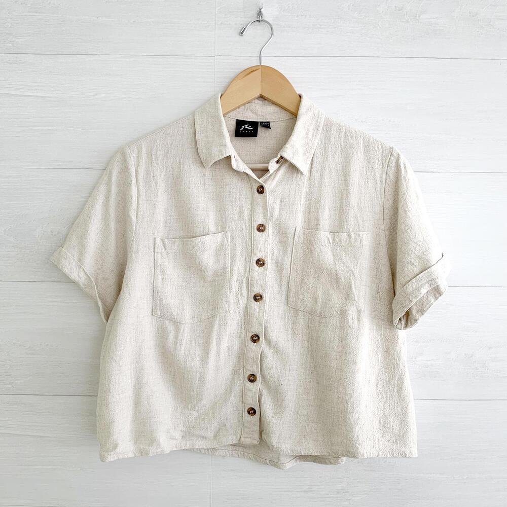 Rusty Australia - Beige short sleeve button top, sz M